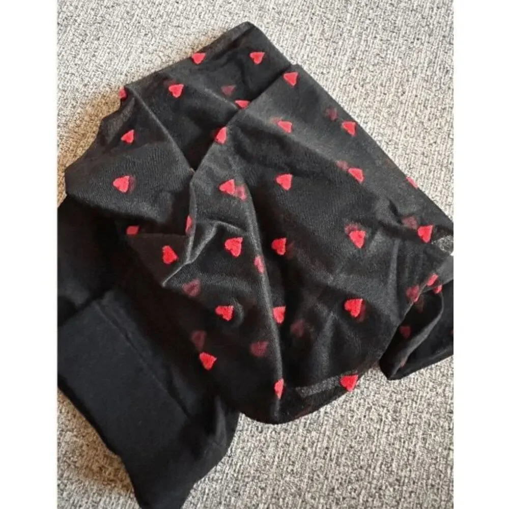 ❤ Love Heart Print Black Sheer Nylon Pantyhose Stocking Tights SIZE XS-M NEW